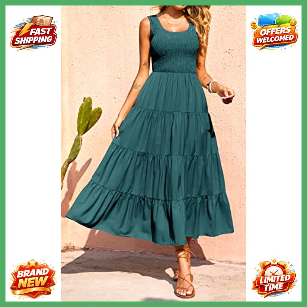 Women's Smocked Tank Maxi Dress Tiered Casual Beach Spring Sleeveless - Picture 6 of 7